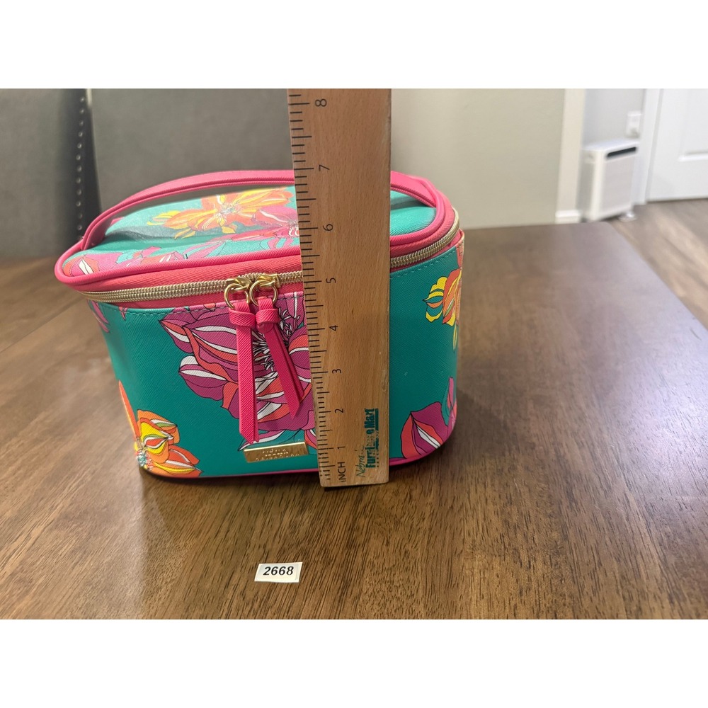 Trina Turk Teal Pink Floral Makeup Bag Vanity Case with Top Handle Gold Zipper